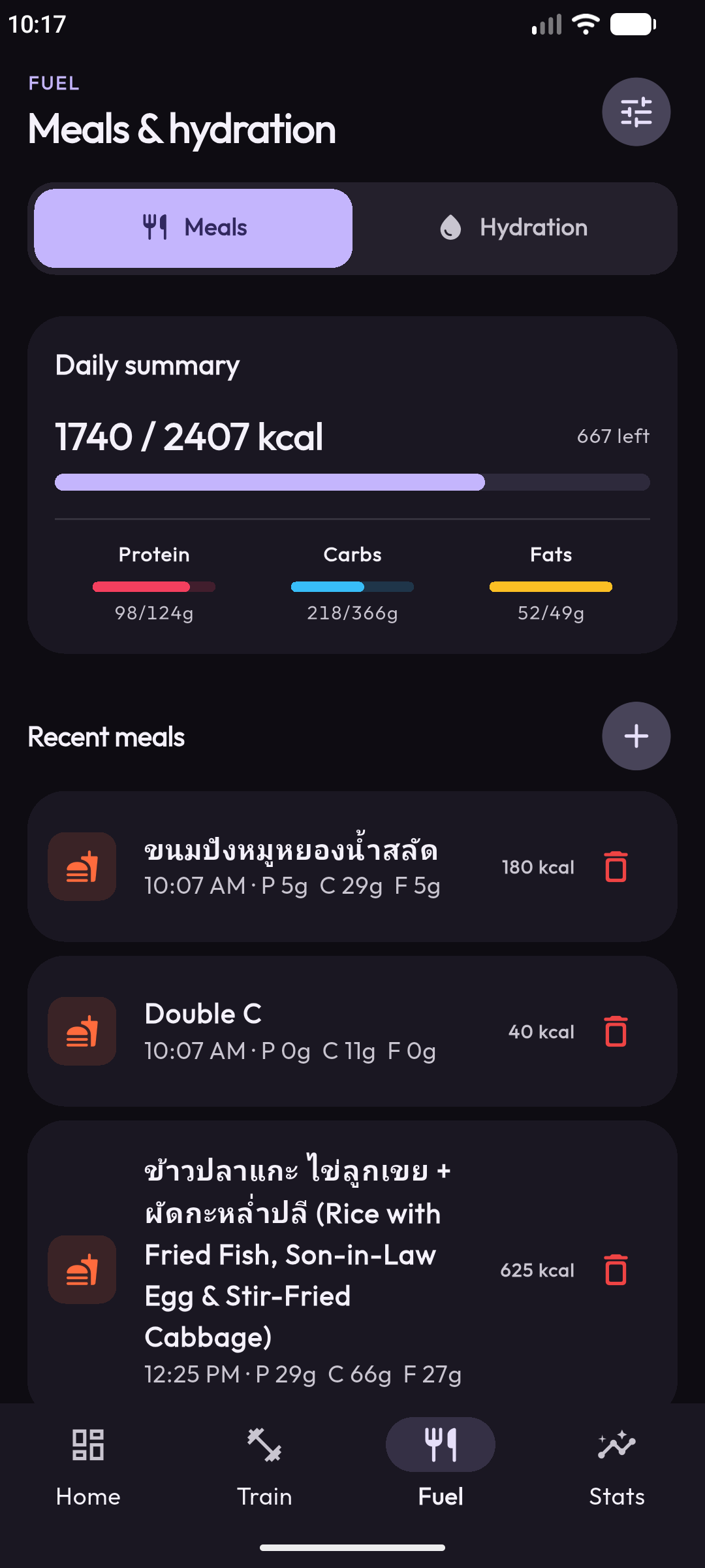 Fuel screen with daily calories, macros and recent meals