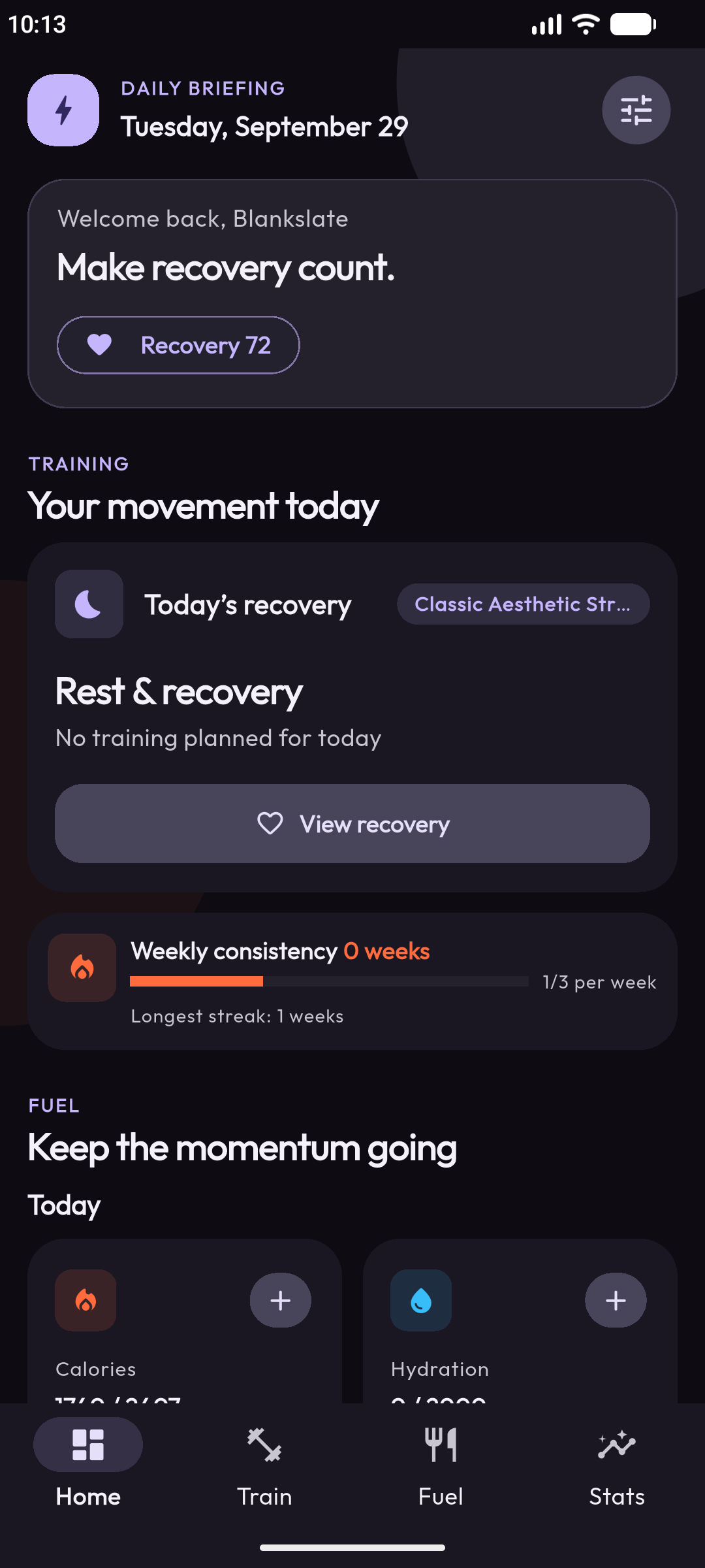 Home screen with daily briefing, recovery score and today's training