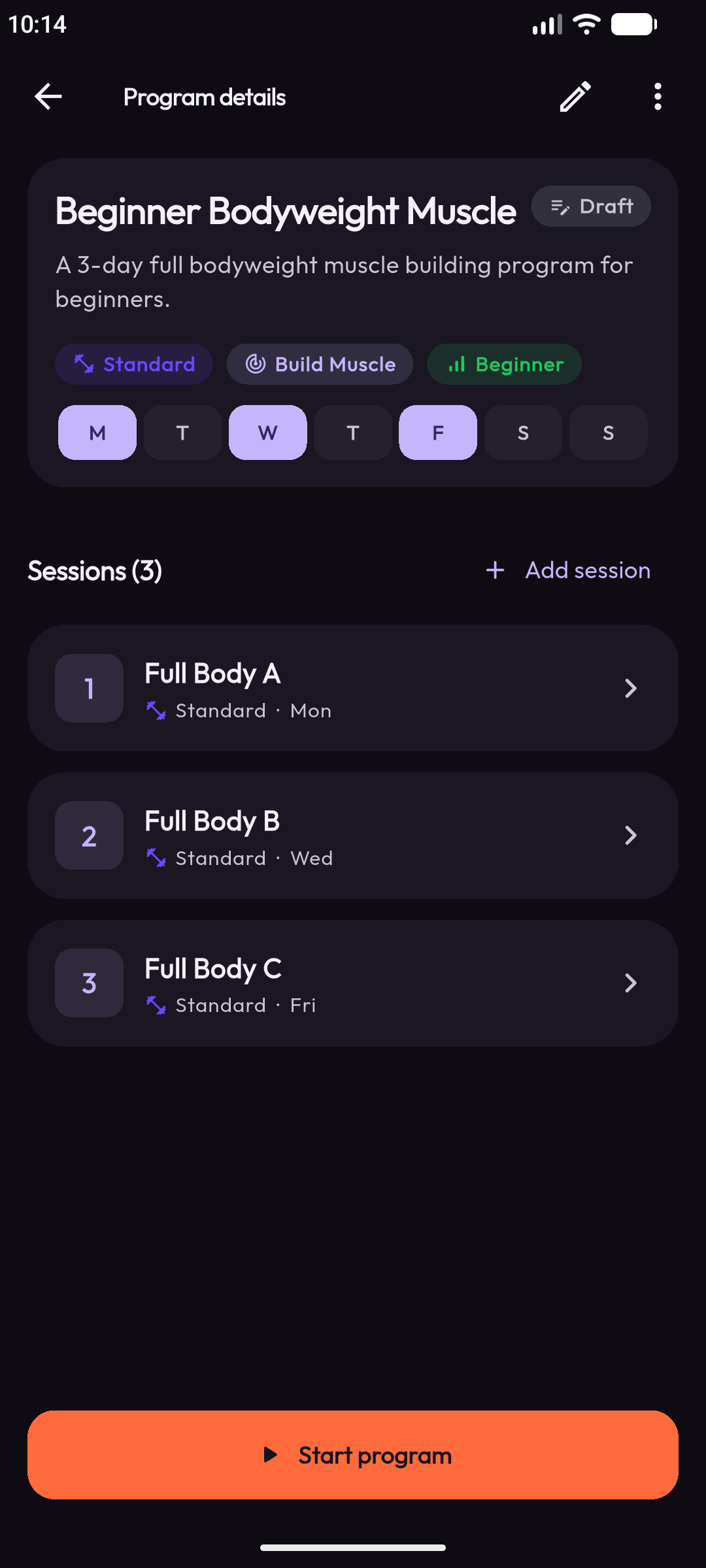 Program details with weekly schedule and sessions