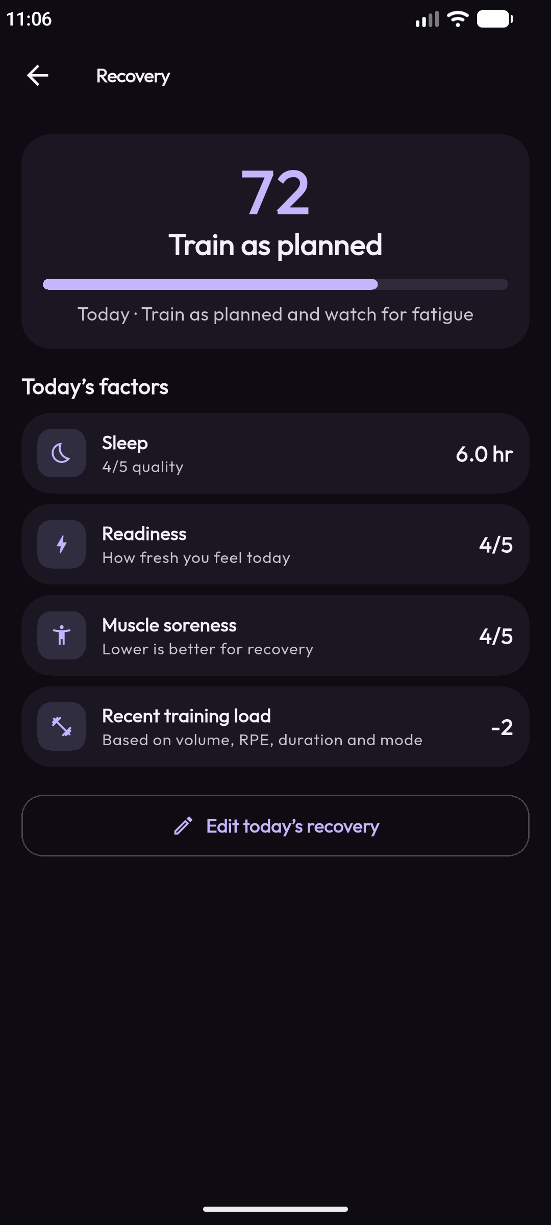 Recovery score with sleep, readiness and soreness factors