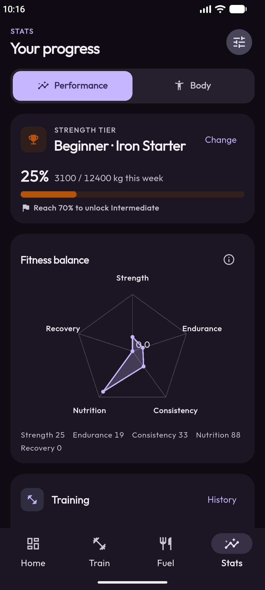 Stats screen with strength tier and fitness balance chart