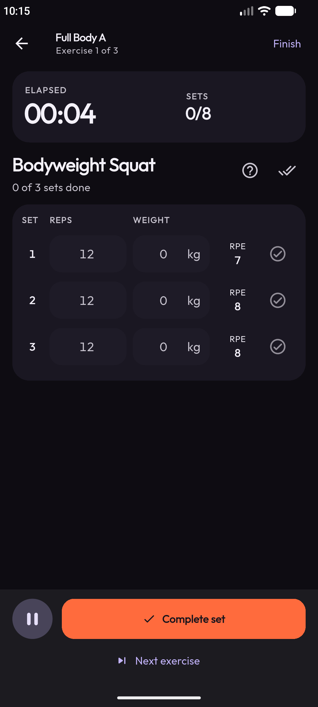 Active workout logging reps, weight and RPE for each set